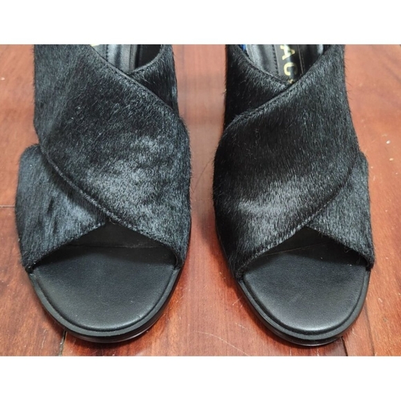 Kat Maconie Black Pony Hair Slingback Heels Gold Block Heel Blue Strap Sz 38 / 7 - Picture 5 of 15